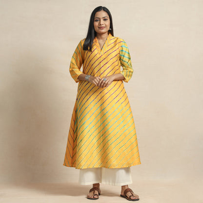 Bright Yellow - Leheriya Tie-Dye Chanderi Silk A-Line Kurta
