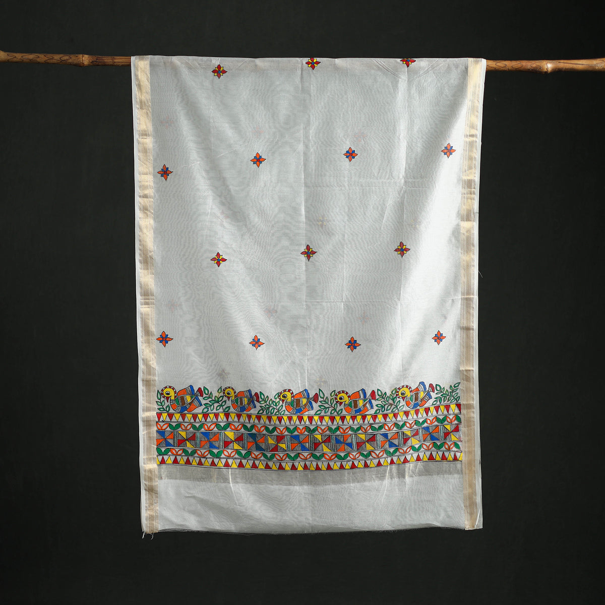 Handloom Chanderi Silk Handpainted Madhubani Dupatta with Zari Border 11