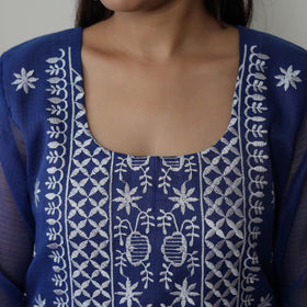Blue - Kota Doria Cotton Embroidery Kurta Suit Set 13