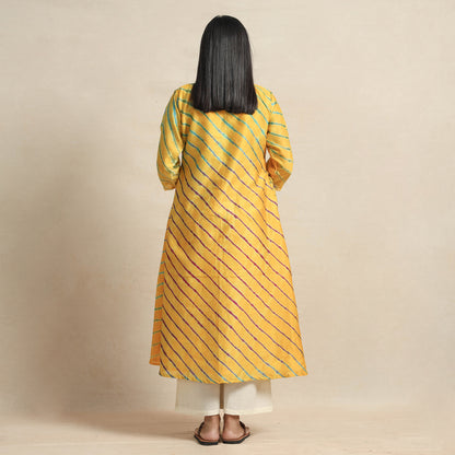 Bright Yellow - Leheriya Tie-Dye Chanderi Silk A-Line Kurta