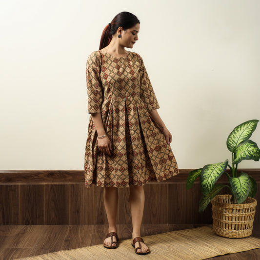 Brown - Beige - Kalamkari Block Printed Cotton Flared Gher Short Dress 12