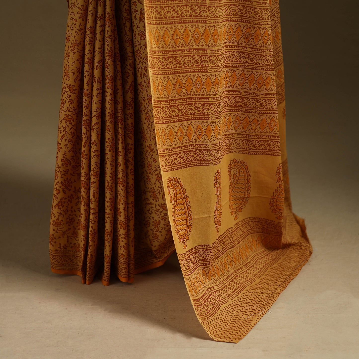 Yellow - Gamthi Hand Block Print Pure Mul Cotton Saree with Blouse Piece 12