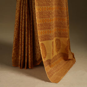 Yellow - Gamthi Hand Block Print Pure Mul Cotton Saree with Blouse Piece 12