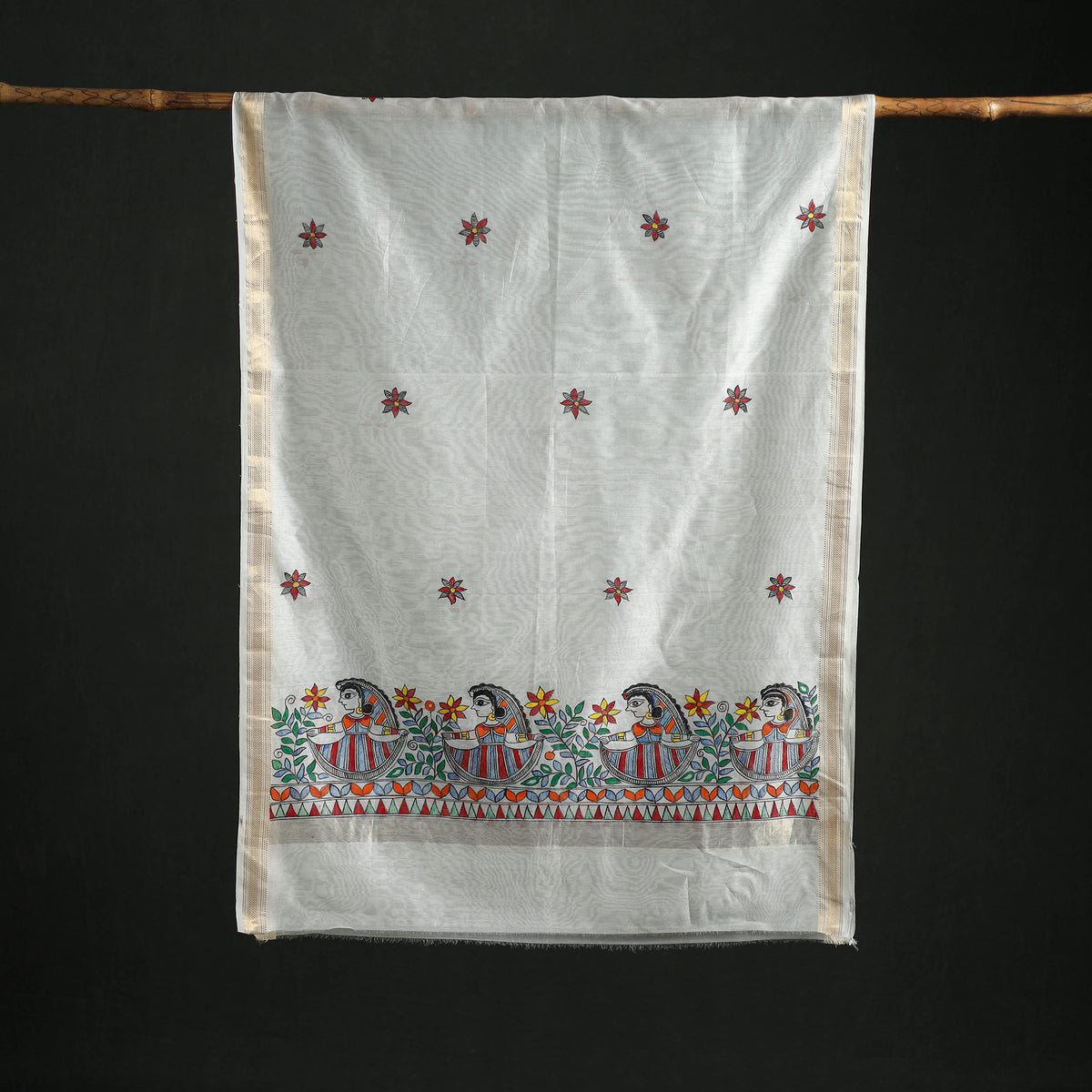 Handloom Chanderi Silk Handpainted Madhubani Dupatta with Zari Border 10