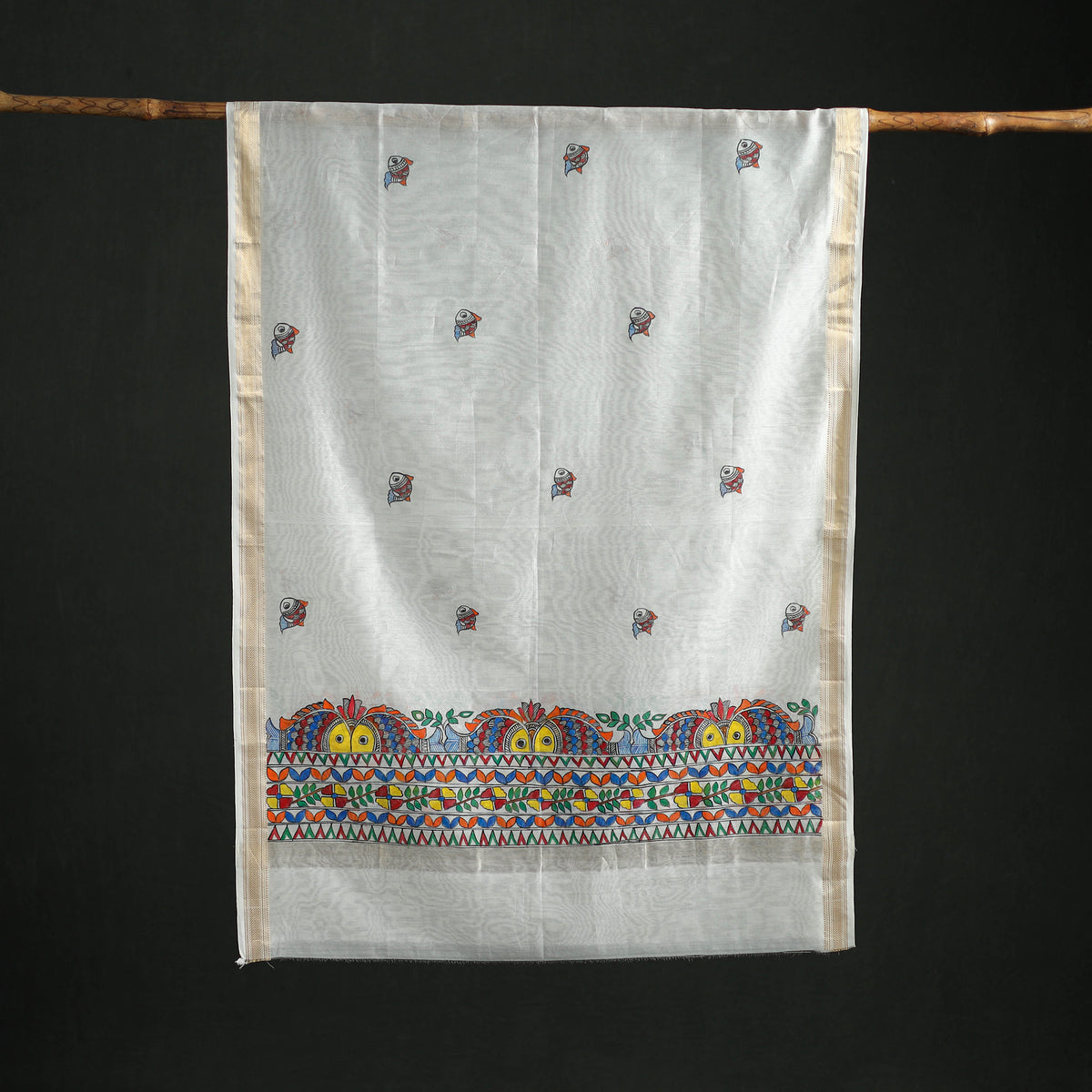 Handloom Chanderi Silk Handpainted Madhubani Dupatta with Zari Border 09