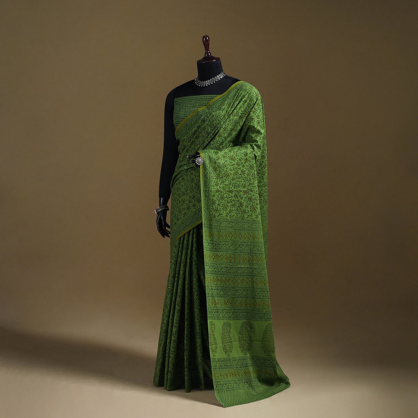 Green - Gamthi Hand Block Print Pure Mul Cotton Saree with Blouse Piece 13