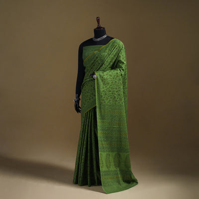 Green - Gamthi Hand Block Print Pure Mul Cotton Saree with Blouse Piece 13