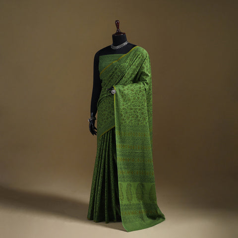 Green - Gamthi Hand Block Print Pure Mul Cotton Saree with Blouse Piece 13