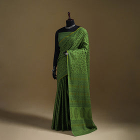 Green - Gamthi Hand Block Print Pure Mul Cotton Saree with Blouse Piece 13