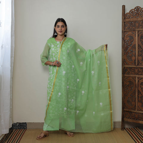 Green - Kota Doria Cotton Embroidery Kurta Suit Set 03