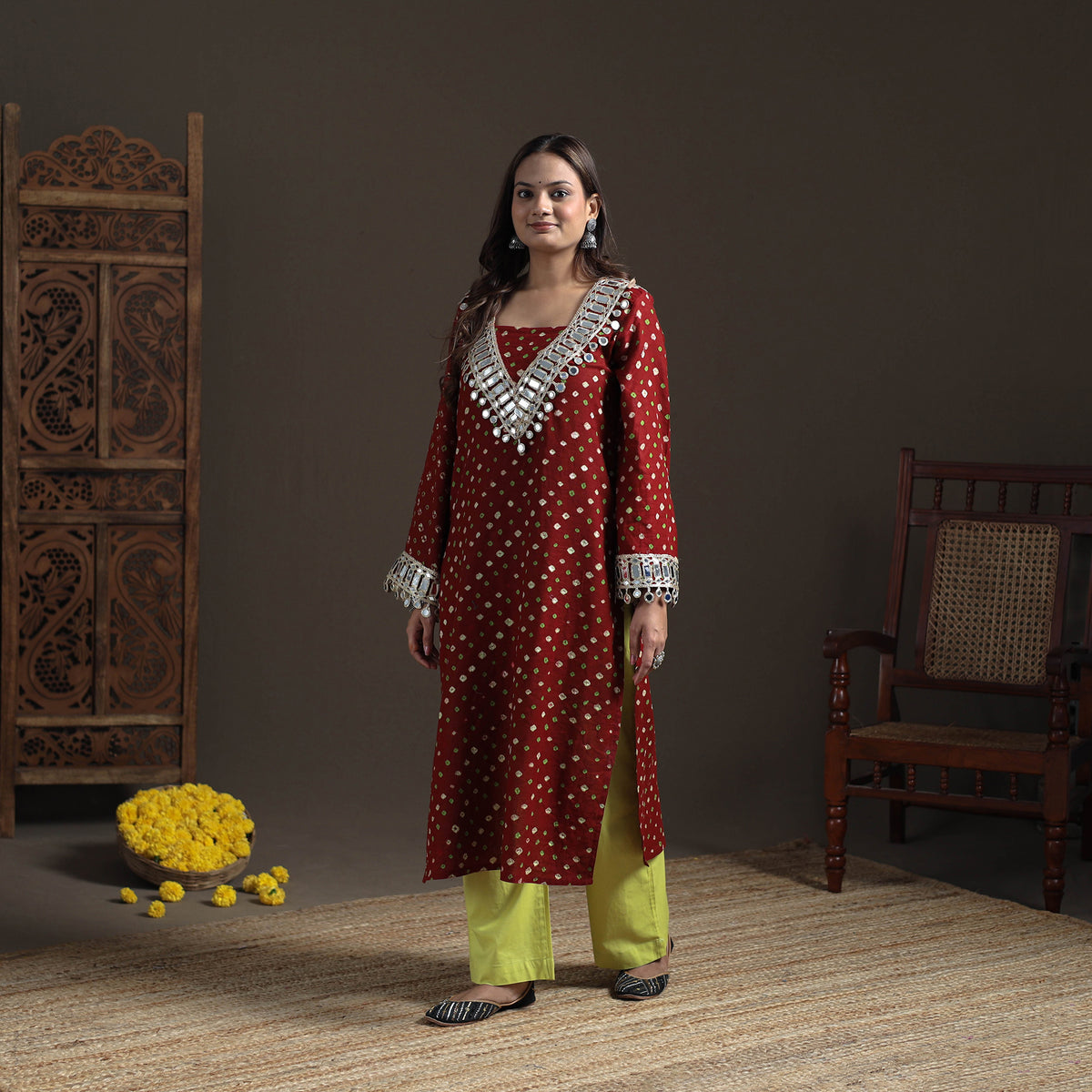 Gota Mirror Work Bandhani Tie-Dye Cotton Straight Long Kurta for Women 09