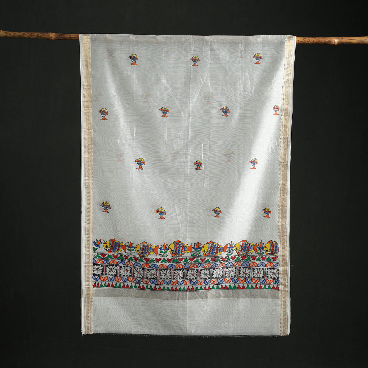 Handloom Chanderi Silk Handpainted Madhubani Dupatta with Zari Border 08