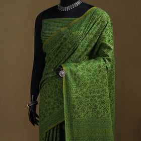 Green - Gamthi Hand Block Print Pure Mul Cotton Saree with Blouse Piece 13