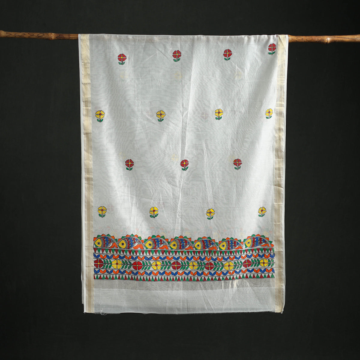 Handloom Chanderi Silk Handpainted Madhubani Dupatta with Zari Border 07