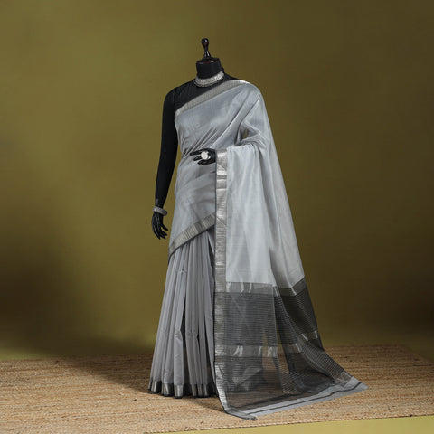 Grey - handloom silk cotton maheshwari saree with zari