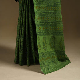 Green - Gamthi Hand Block Print Pure Mul Cotton Saree with Blouse Piece 13