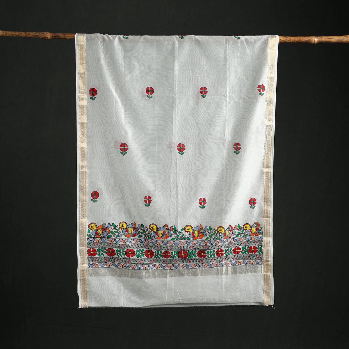 Handloom Chanderi Silk Handpainted Madhubani Dupatta with Zari Border 06