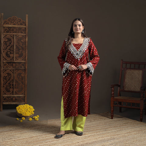 Gota Mirror Work Bandhani Tie-Dye Cotton Straight Long Kurta for Women 09