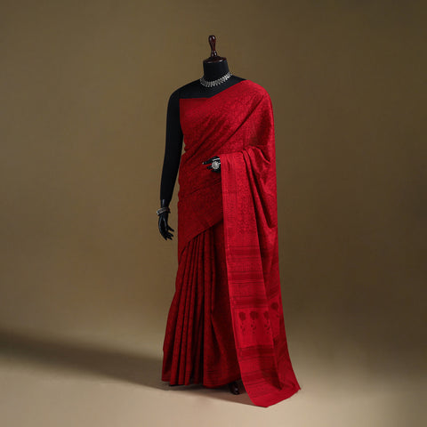 Red - Gamthi Hand Block Print Pure Mul Cotton Saree with Blouse Piece 14