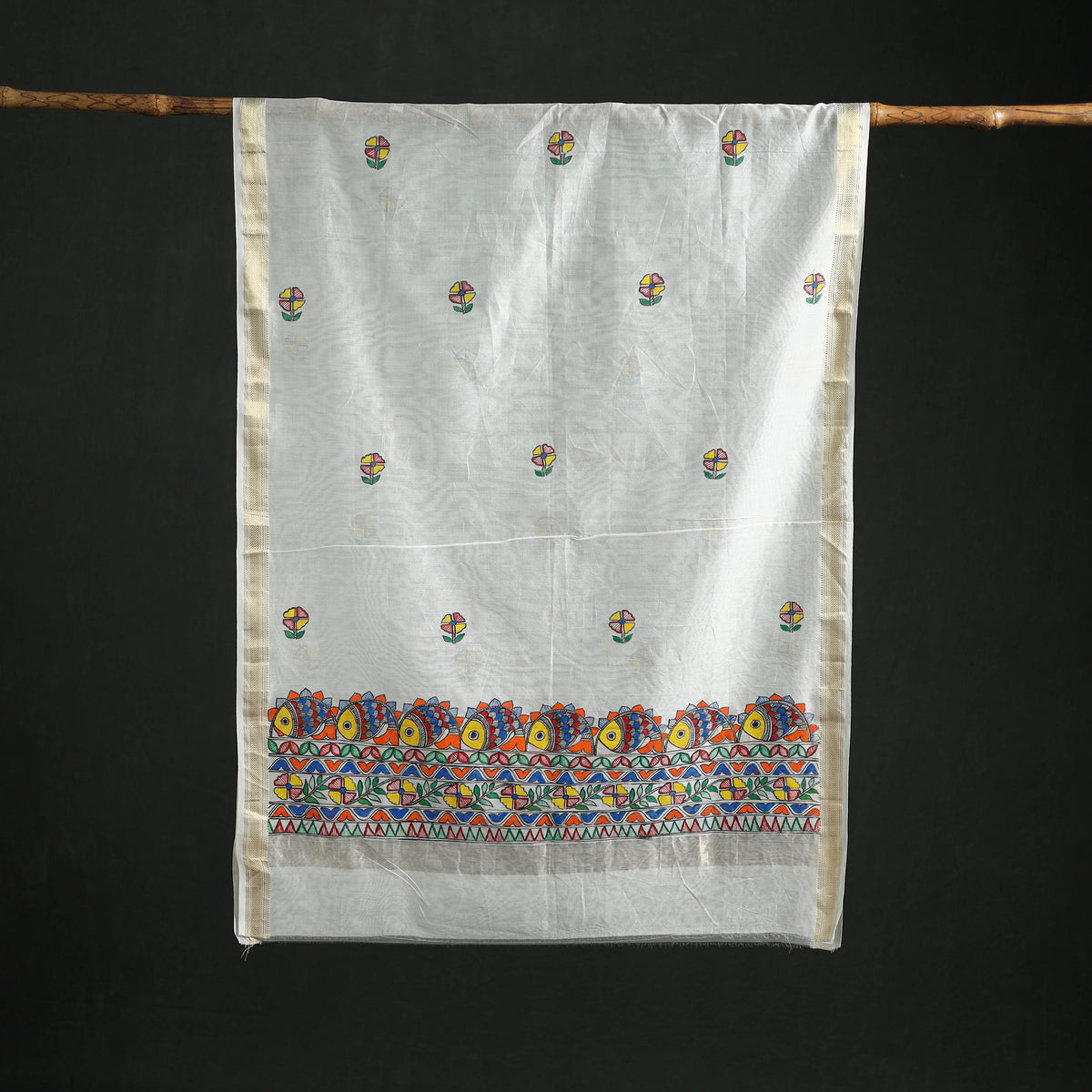 Handloom Chanderi Silk Handpainted Madhubani Dupatta with Zari Border 04
