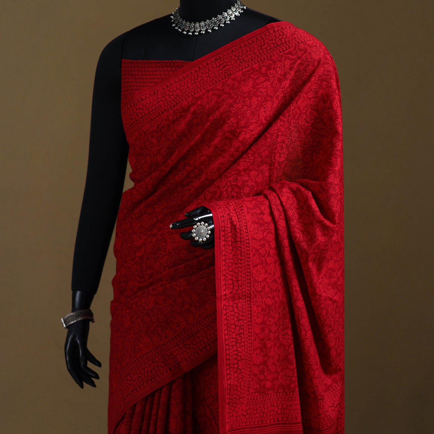 Red - Gamthi Hand Block Print Pure Mul Cotton Saree with Blouse Piece 14