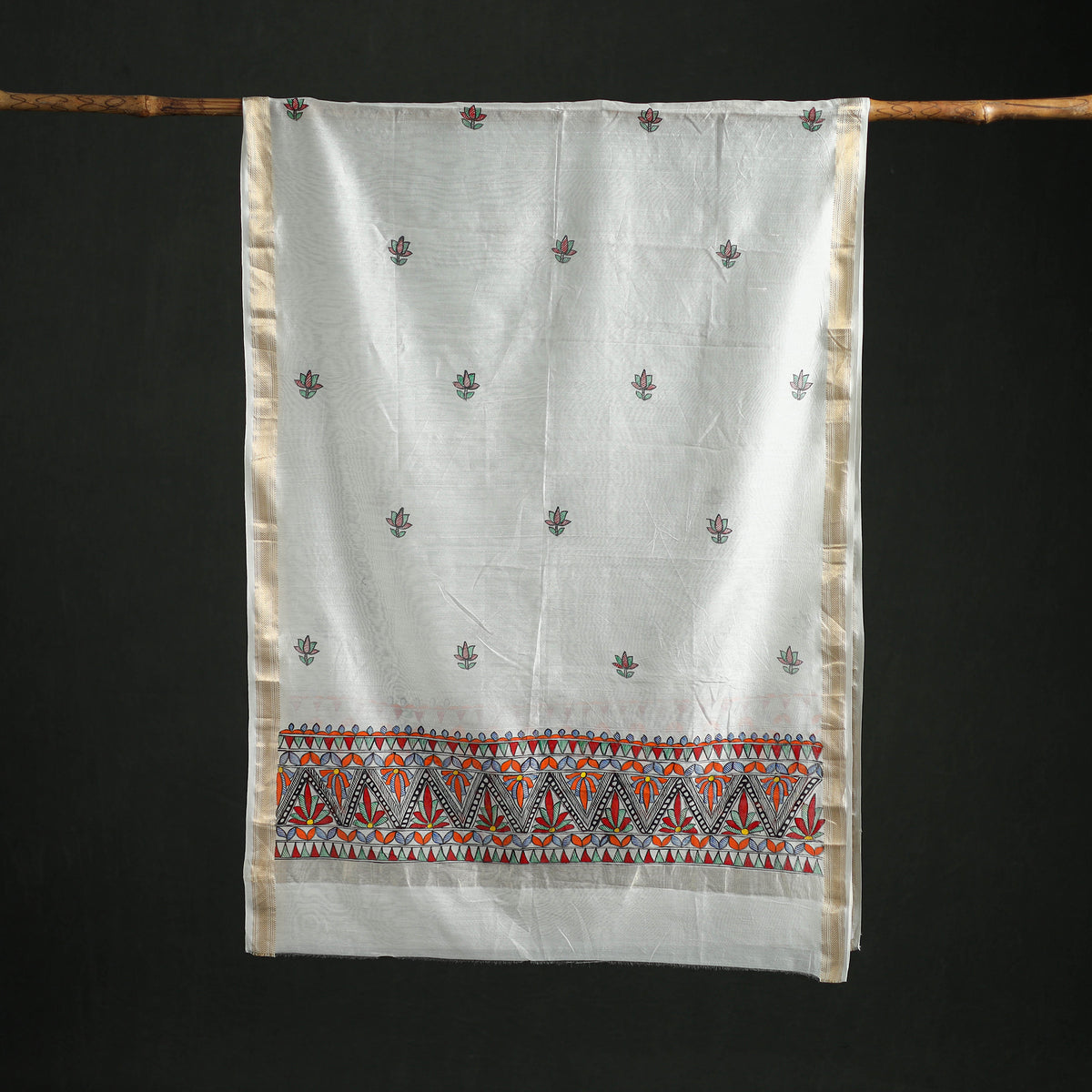 Handloom Chanderi Silk Handpainted Madhubani Dupatta with Zari Border 02
