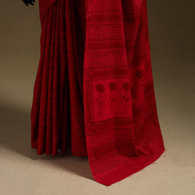 Red - Gamthi Hand Block Print Pure Mul Cotton Saree with Blouse Piece 14