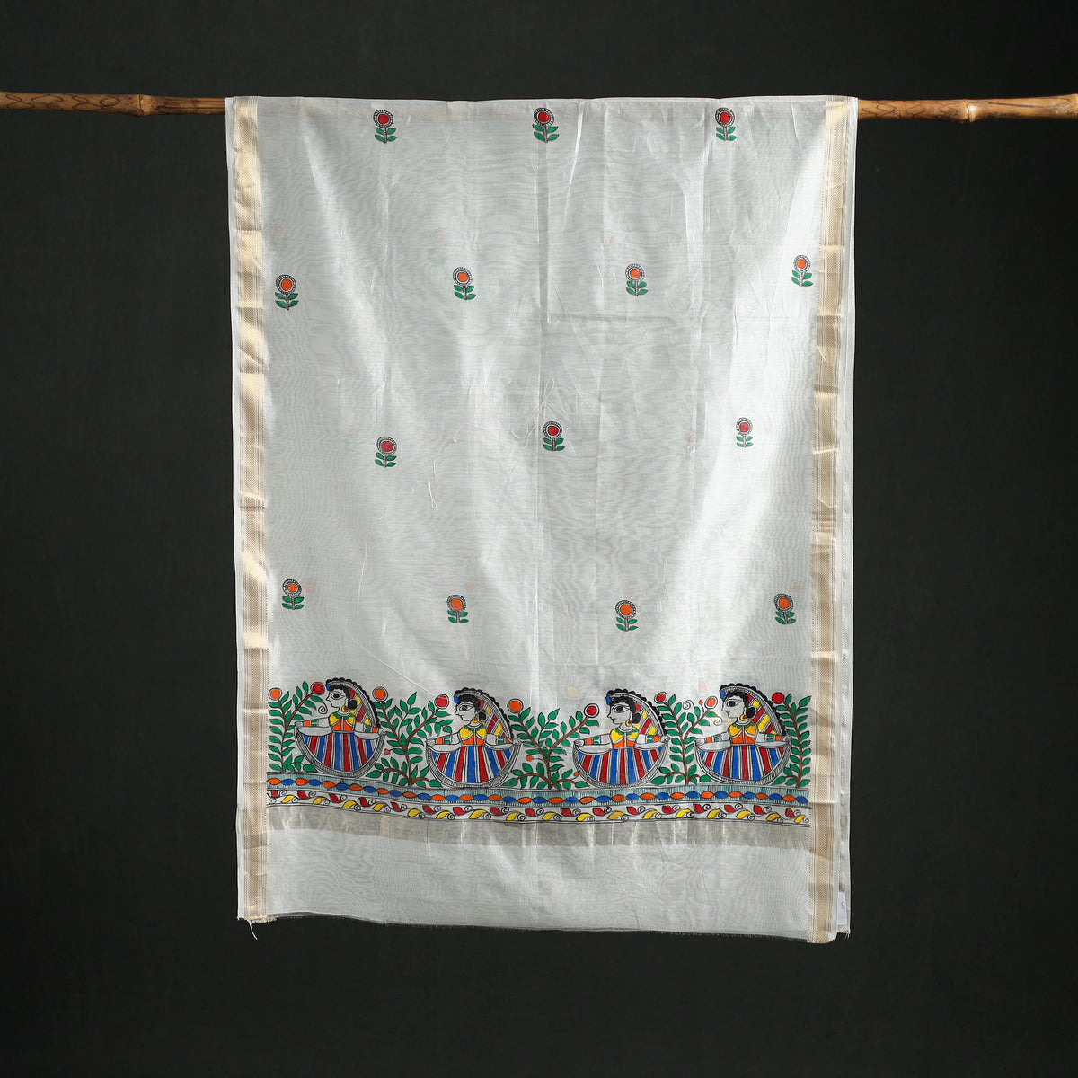 Handloom Chanderi Silk Handpainted Madhubani Dupatta with Zari Border 01