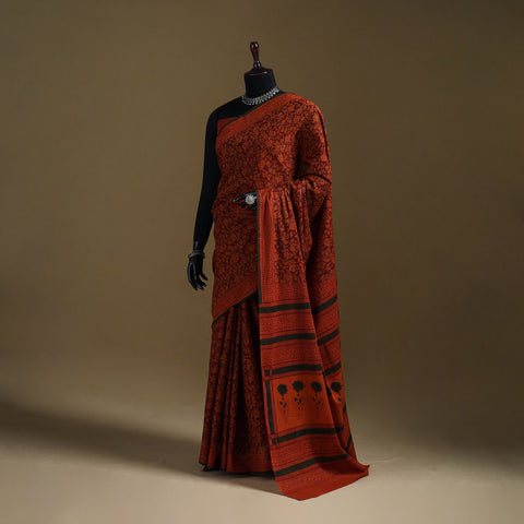 Red - Gamthi Hand Block Print Pure Mul Cotton Saree with Blouse Piece 15