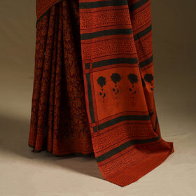Red - Gamthi Hand Block Print Pure Mul Cotton Saree with Blouse Piece 15