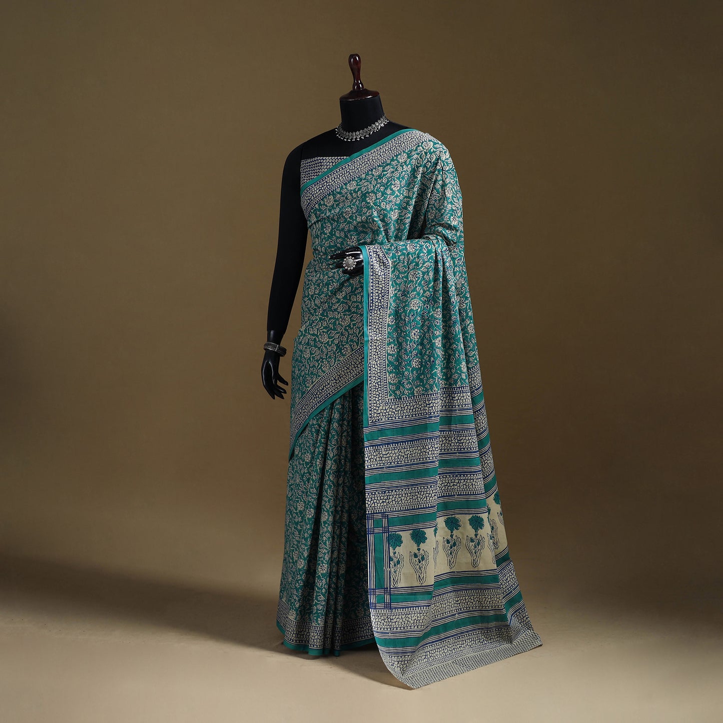 Green - Gamthi Hand Block Print Pure Mul Cotton Saree with Blouse Piece 16