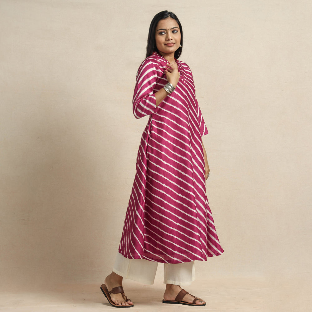 Pink - Leheriya Tie-Dye Chanderi Silk A-Line Kurta