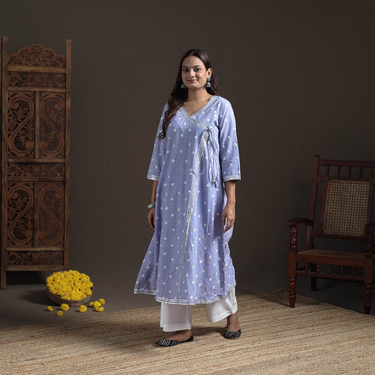 Gota Work Bandhani Tie-Dye Cotton A-Line Long Kurta for Women 15