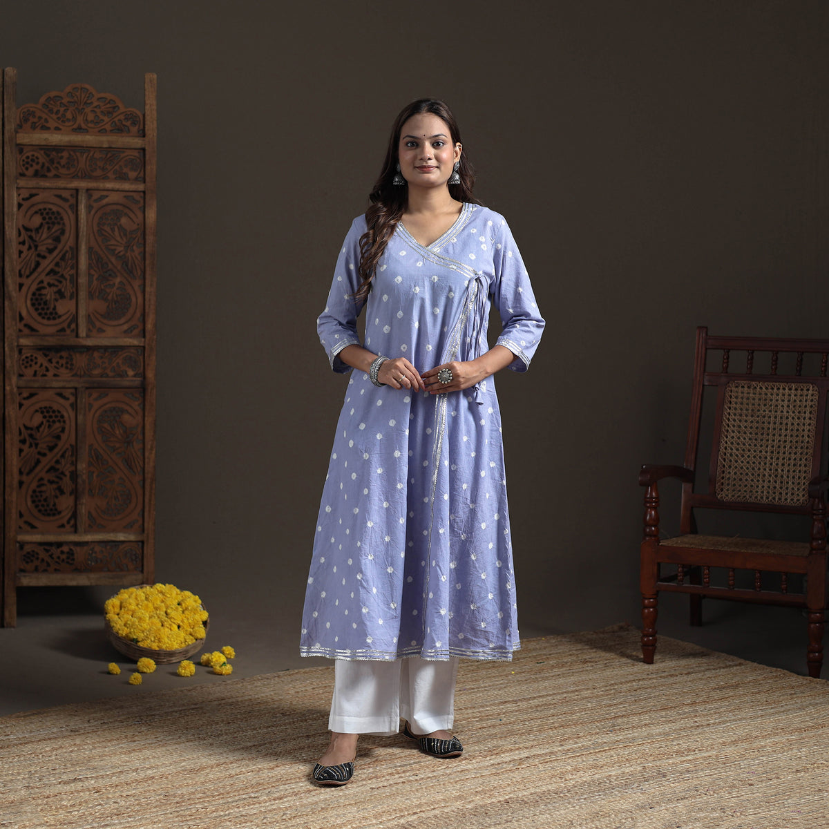 Gota Work Bandhani Tie-Dye Cotton A-Line Long Kurta for Women 15