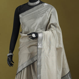 Grey - handloom silk cotton maheshwari saree with zari
