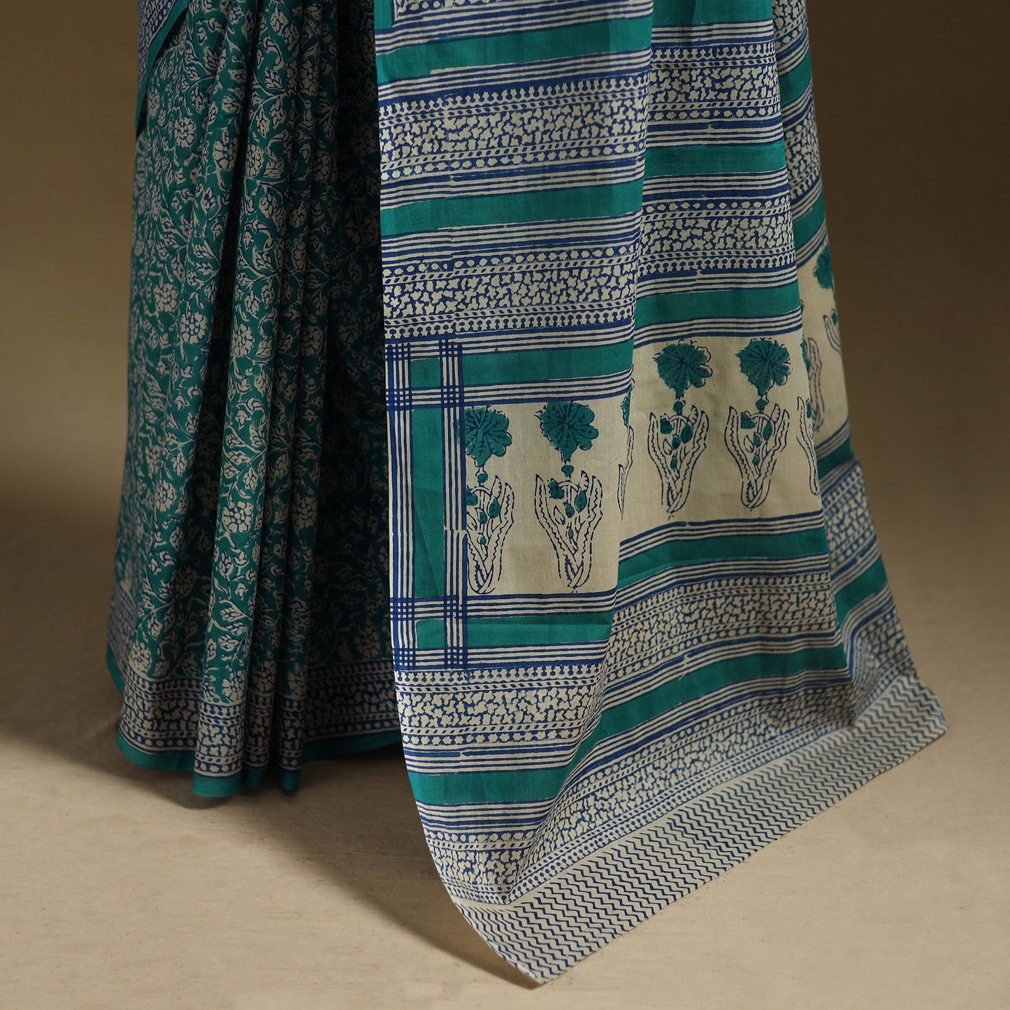 Green - Gamthi Hand Block Print Pure Mul Cotton Saree with Blouse Piece 16