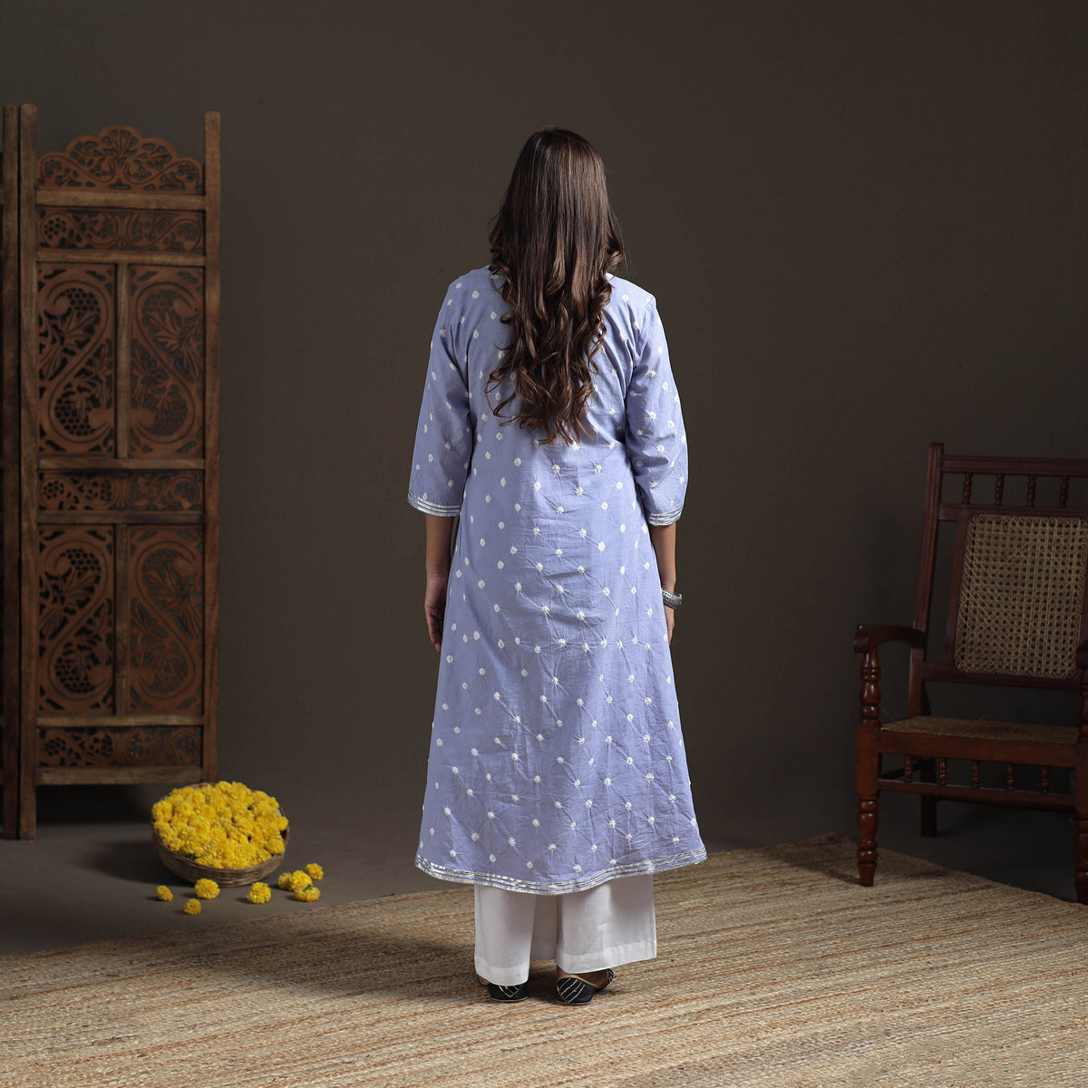 Gota Work Bandhani Tie-Dye Cotton A-Line Long Kurta for Women 15