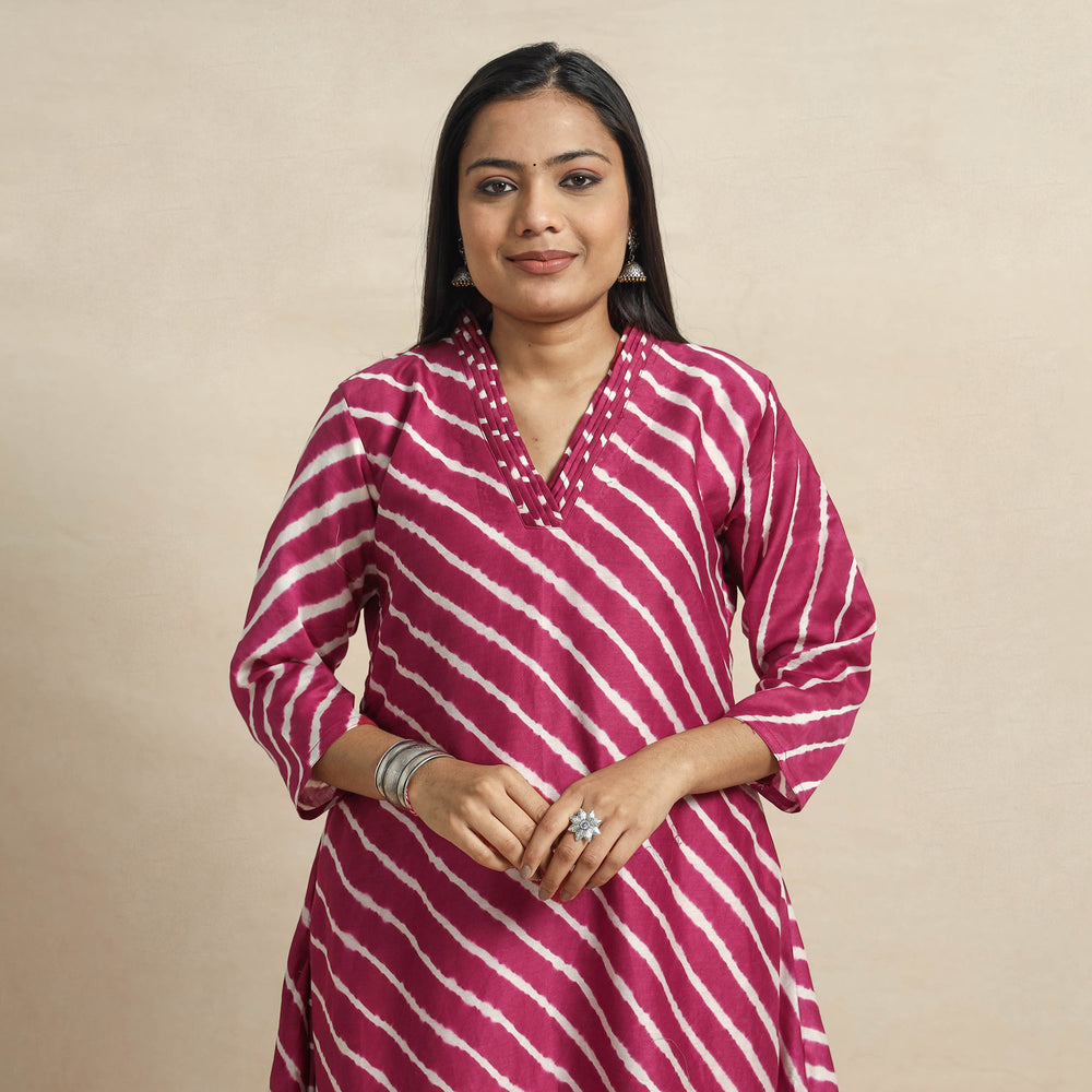 Pink - Leheriya Tie-Dye Chanderi Silk A-Line Kurta