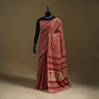 Red - Gamthi Hand Block Print Pure Mul Cotton Saree with Blouse Piece 17