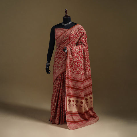 Red - Gamthi Hand Block Print Pure Mul Cotton Saree with Blouse Piece 17