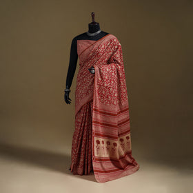 Red - Gamthi Hand Block Print Pure Mul Cotton Saree with Blouse Piece 17