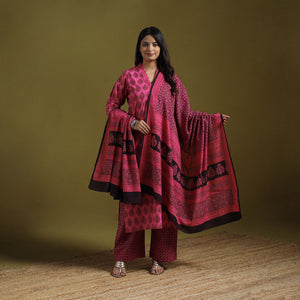 Pink - Natural Dyed Hand Block Bagh Print Cotton Suit Set with Dupatta for Women 10