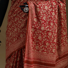 Red - Gamthi Hand Block Print Pure Mul Cotton Saree with Blouse Piece 17