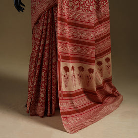 Red - Gamthi Hand Block Print Pure Mul Cotton Saree with Blouse Piece 17