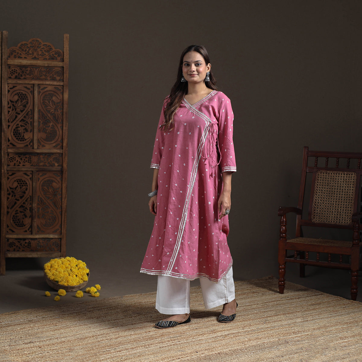 Gota Work Bandhani Tie-Dye Cotton A-Line Long Kurta for Women 16