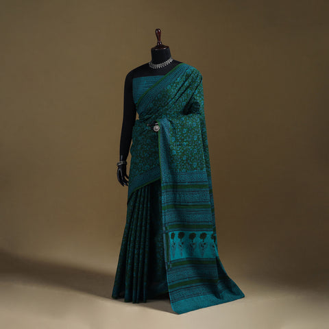 Green - Gamthi Hand Block Print Pure Mul Cotton Saree with Blouse Piece 18
