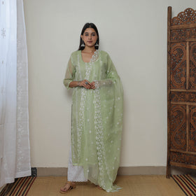 Green - Kota Doria Cotton Embroidery Kurta Suit Set 12