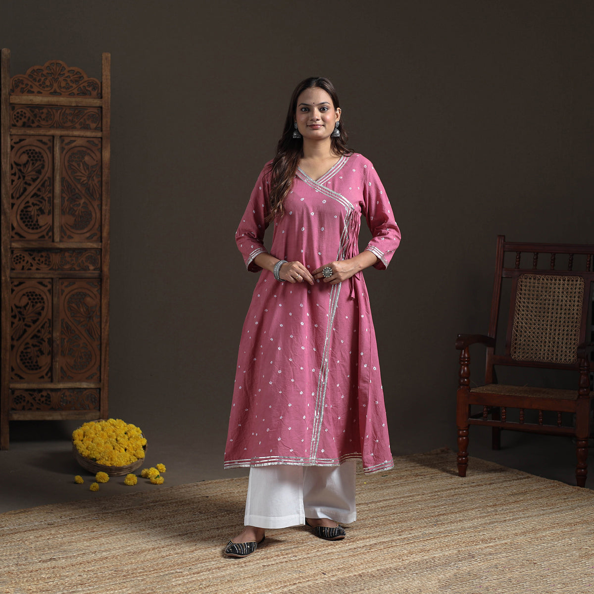 Gota Work Bandhani Tie-Dye Cotton A-Line Long Kurta for Women 16
