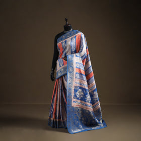 Bagh Indigo Hand Block Print Natural Dyed Dola Silk Zari Work Saree 02
