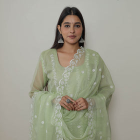 Green - Kota Doria Cotton Embroidery Kurta Suit Set 12
